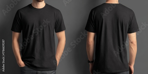Front and back mockup of a black t-shirt displayed on a neutral background showcasing design options for apparel
