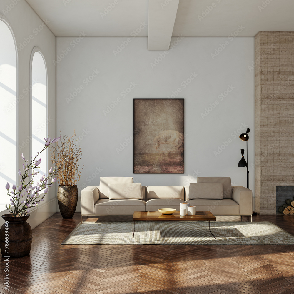 Naklejka premium Large luxury modern bright interiors Living room mockup illustration 3D rendering image