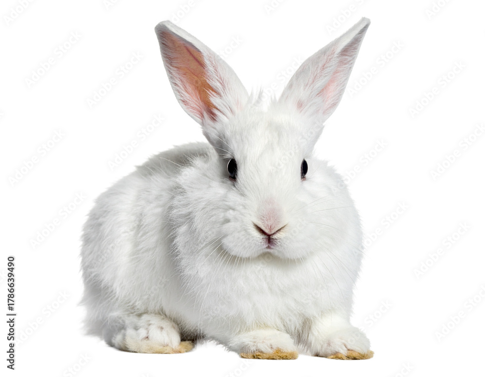 Fototapeta premium Adorable fluffy white rabbit with long ears, gentle animal, transparent background.