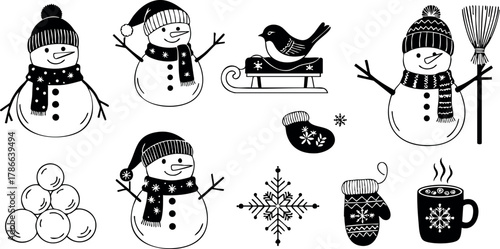 Snowman characters winter holiday vector with sled bird mittens and hot drinks black and white 