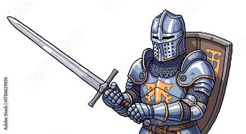 Medieval Knight in Shining Armor Holding Sword Ready for Battle Isolated on Transparent Background