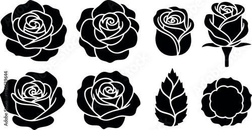 Black silhouette rose flower and leaf vector set with natural floral shapes and details 