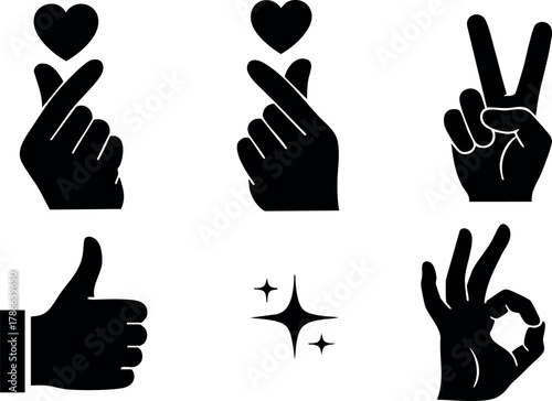 Hand Gesture Icons with Hearts Thumbs Up Peace and Okay Signs Vector Illustration
