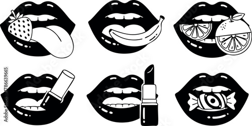 Mouths with strawberry banana orange lipstick candy vector illustration set 