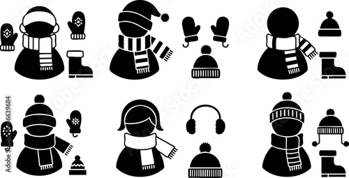 Winter clothing accessories vector with hats scarves mittens and boots in black silhouette style 