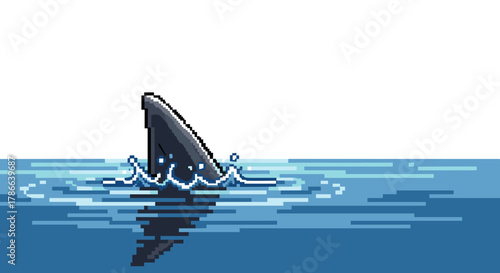 Pixel Art Shark Fin Emerging from Rippling Water Ocean Predator Danger Isolated on Transparent Background