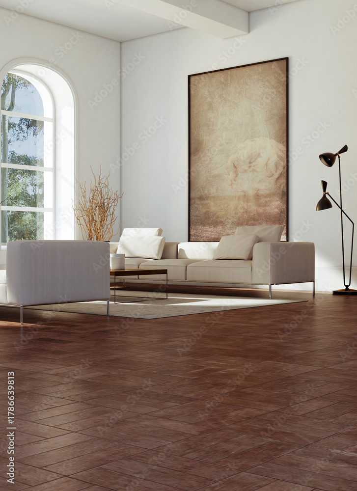 Fototapeta premium Large luxury modern bright interiors Living room mockup illustration 3D rendering image