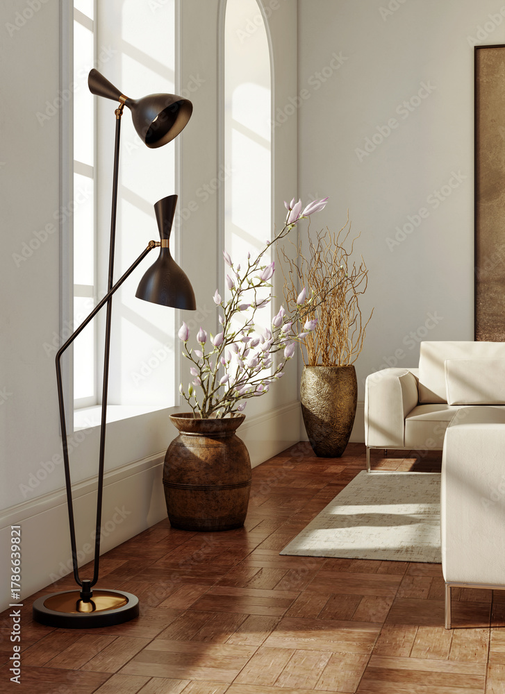 Fototapeta premium Large luxury modern bright interiors Living room mockup illustration 3D rendering image