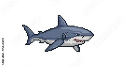 Pixel Art Great White Shark Illustration Ocean Predator Fierce Marine Life Isolated on Transparent Background Vector Art