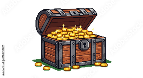 Pixel Art Treasure Chest Overflowing with Gold Coins Isolated on Transparent Background for Fantasy Games and Digital Art
