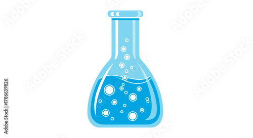Bubbling blue liquid in laboratory flask for science experiment isolated on transparent background