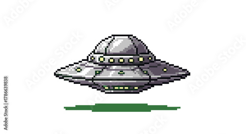 Retro Pixel Art Flying Saucer Spaceship Extraterrestrial Alien Craft Isolated on Transparent Background