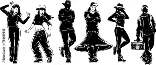 Group of diverse young dancers in dynamic poses black and white vector illustration 
