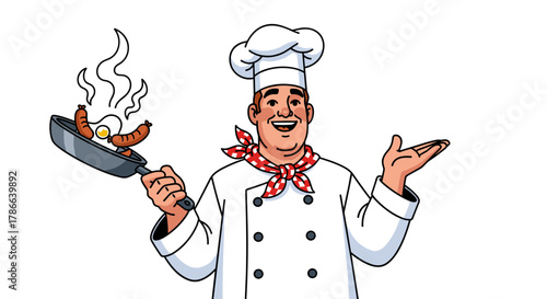 Happy Chef Cooking Breakfast Sausage and Egg in Frying Pan Isolated on Transparent Background