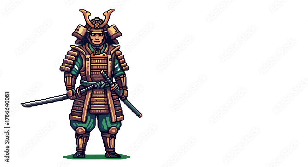 Fototapeta premium Pixel Art Samurai Warrior Ready for Battle in Traditional Armor Holding Katana Sword Isolated on Transparent Background
