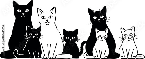 Group of black and white cats sitting together vector illustration simple design 