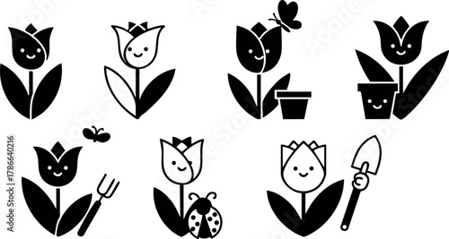 Cute black and white tulip flower vector icons with garden tools and insects 