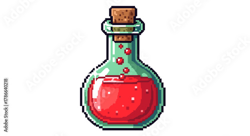 Pixel Art Red Potion Bottle Bubbles Sparkle Magic Elixir Game Asset Isolated on Transparent Background