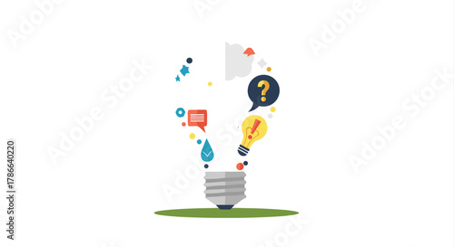 Abstract illustration of a lightbulb with icons representing ideas brainstorming creativity and problem solving isolated on transparent background