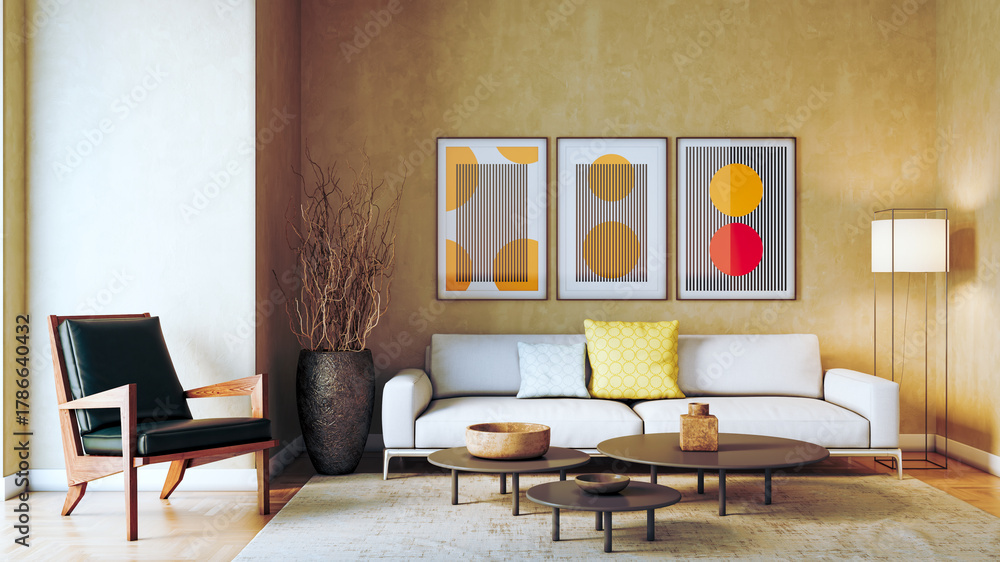 Fototapeta premium Large luxury modern bright interiors Living room mockup illustration 3D rendering image