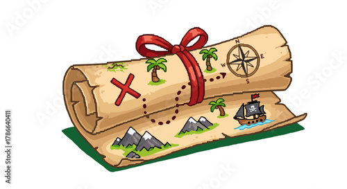 Ancient Treasure Map with Red Ribbon and X Marks the Spot for Adventure Isolated on Transparent Background