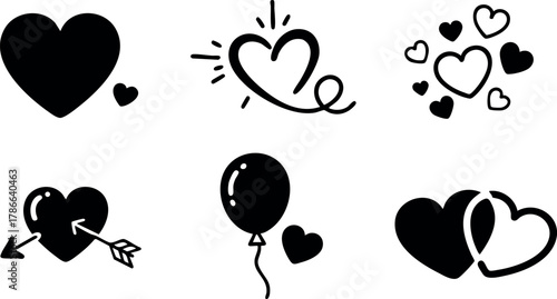 Heart and love icons vector set with balloon and arrow elements for romantic design 