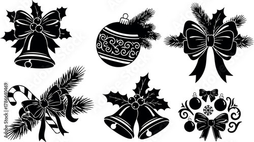 Christmas holiday decorations vector set with bows holly bells and candy cane black silhouette 