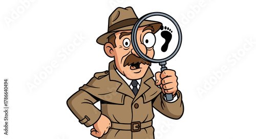 Cartoon Detective Investigating Footprint Magnifying Glass Mystery Clue Crime Scene Investigation Discovery
