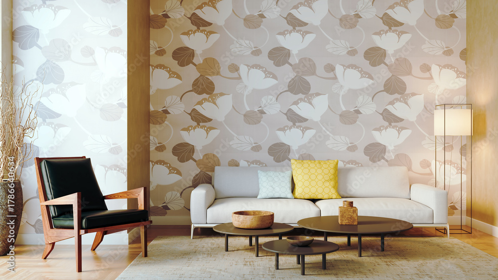 Fototapeta premium Large luxury modern bright interiors Living room mockup illustration 3D rendering image