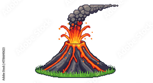 Pixel Art Volcano Erupting With Lava Ash Smoke Isolated On Transparent Background