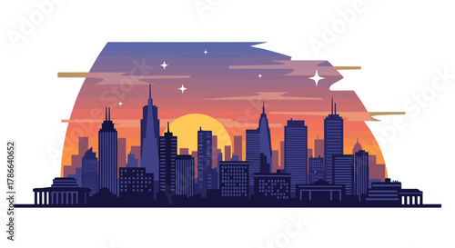 Modern Cityscape Skyline Silhouette at Sunset with Starry Sky and Warm Horizon Glow
