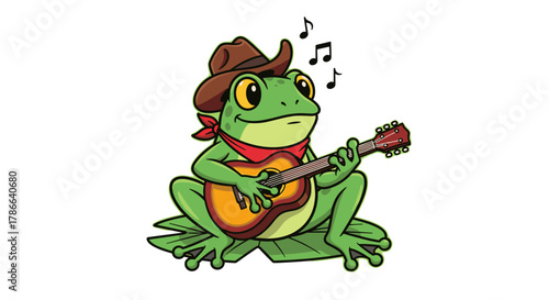 Whimsical Frog Cowboy Playing Guitar with Musical Notes Isolated on Transparent Background