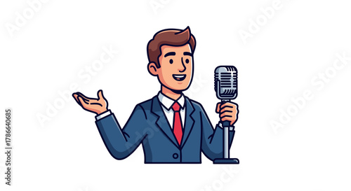Charismatic Speaker Presenting Ideas Using Vintage Microphone Isolated on Transparent Background Animated