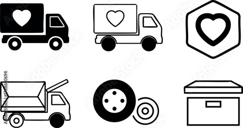Delivery trucks with heart symbols and packaging box vector icons set 
