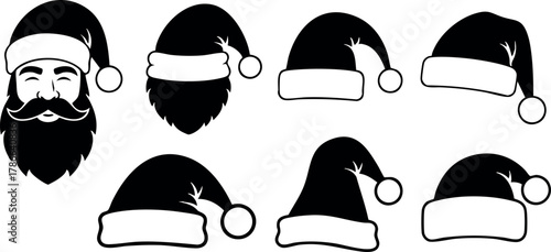 Santa Claus Black Beard and Various Santa Hats Silhouettes Vector Illustration 