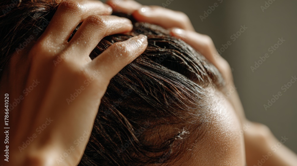 Naklejka premium Woman washing her hair in a bathroom with natural light during morning hours while applying shampoo for cleansing