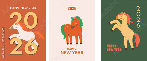 Set of Chinese New Year of the horse 2026 greeting card vector illustration.
