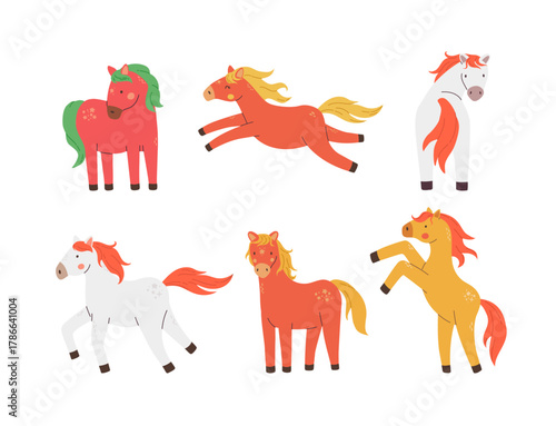Set of Сute cartoon horse characters in joyful poses vector illustration. Chinese New Year 2026