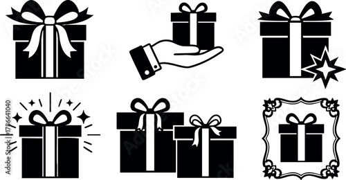 Gift box icons with ribbon bows in black silhouette style vector illustration 
