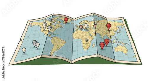 World Map Pinned Locations Vacation Travel Adventure Destination Planning Business Trip Global Exploration Route