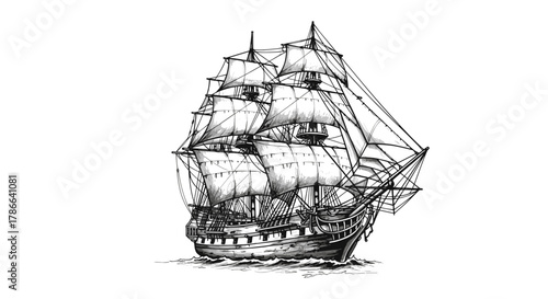 Detailed Ink Drawing of Antique Sailing Ship Navigating Open Sea Isolated on Transparent Background Vector Art
