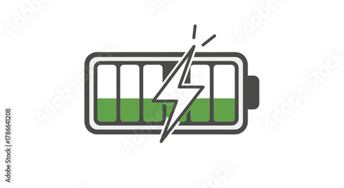 Energized power indicator symbol representing a fully charged battery with a lightning bolt icon isolated on transparent background for concept illustration