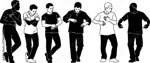 Group of male dancers performing modern dance silhouette vector illustration black and white 