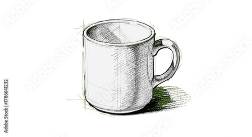 Hand Drawn Sketch of a White Ceramic Coffee Mug with Detailed Shading Isolated on Transparent Background