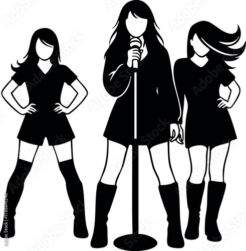 Female band singing and posing with microphone silhouette vector illustration black and white 