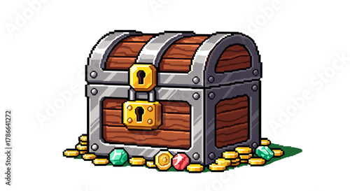 Pixel Art Treasure Chest Filled with Gold Coins Gems Isolated on Transparent Background