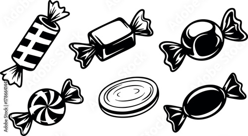 Assorted black and white candy sweets vector illustration with various shapes and wrappers 