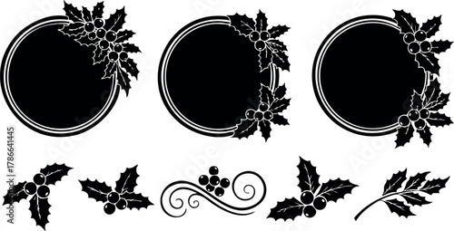 Holly wreath frames and decorative borders with leaves and berries vector set 