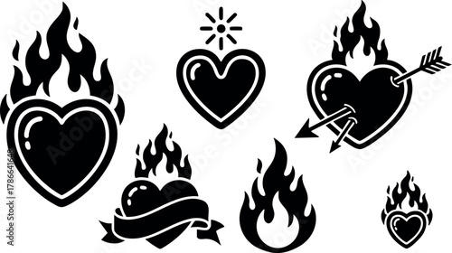 Burning heart icons with flames and arrow in black silhouette vector set 