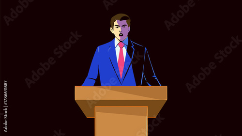 Politician Speaking from Lectern Under Dramatic Light and Shadow